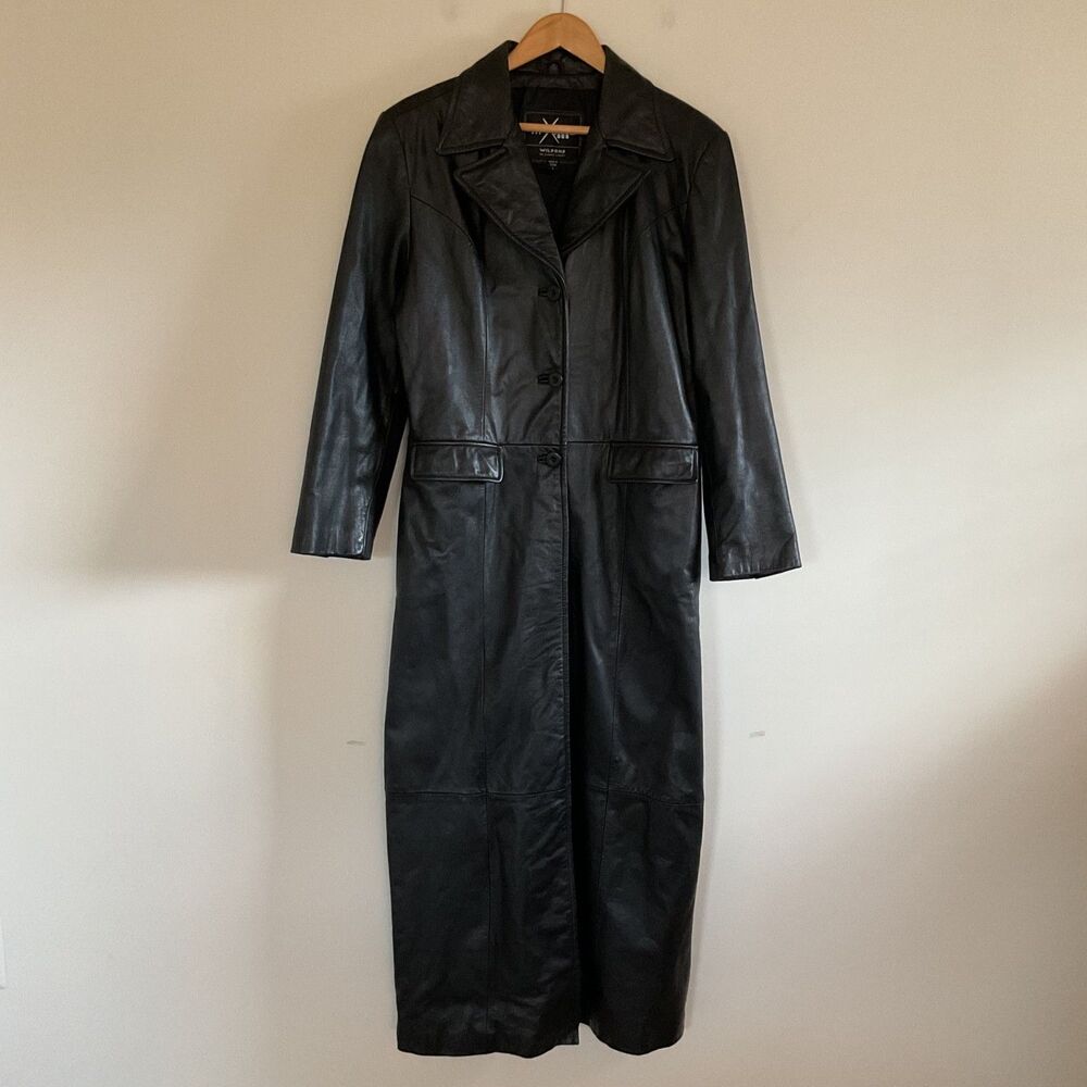 VTG Wilsons Maxima Black Leather Long Trench Duster Coat Womens L Matrix Sleek